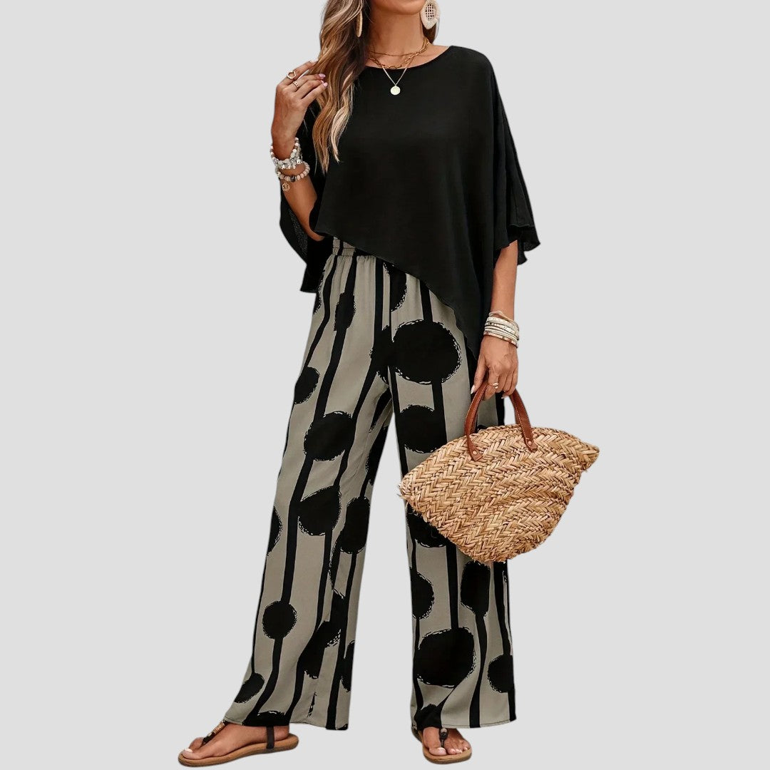 Milavie™ | Elegantes Set mit asymmetrischem Top und gemusterter Hose