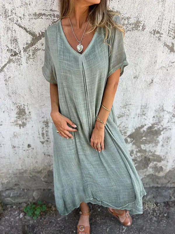 Naia™ | Leichtes V-Ausschnitt-Kleid aus Baumwolle & Leinen
