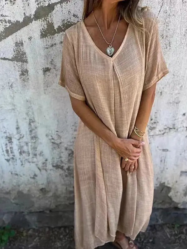 Naia™ | Leichtes V-Ausschnitt-Kleid aus Baumwolle & Leinen